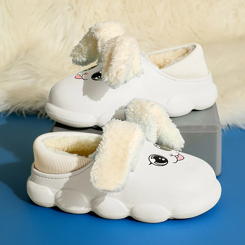 White Babi Cartoon Rabbit Shoes with Long Ear Fuzzy Kid's Flat Slip on Winter Loafers Baby Waterproof Fluffy Fur Home Slippers