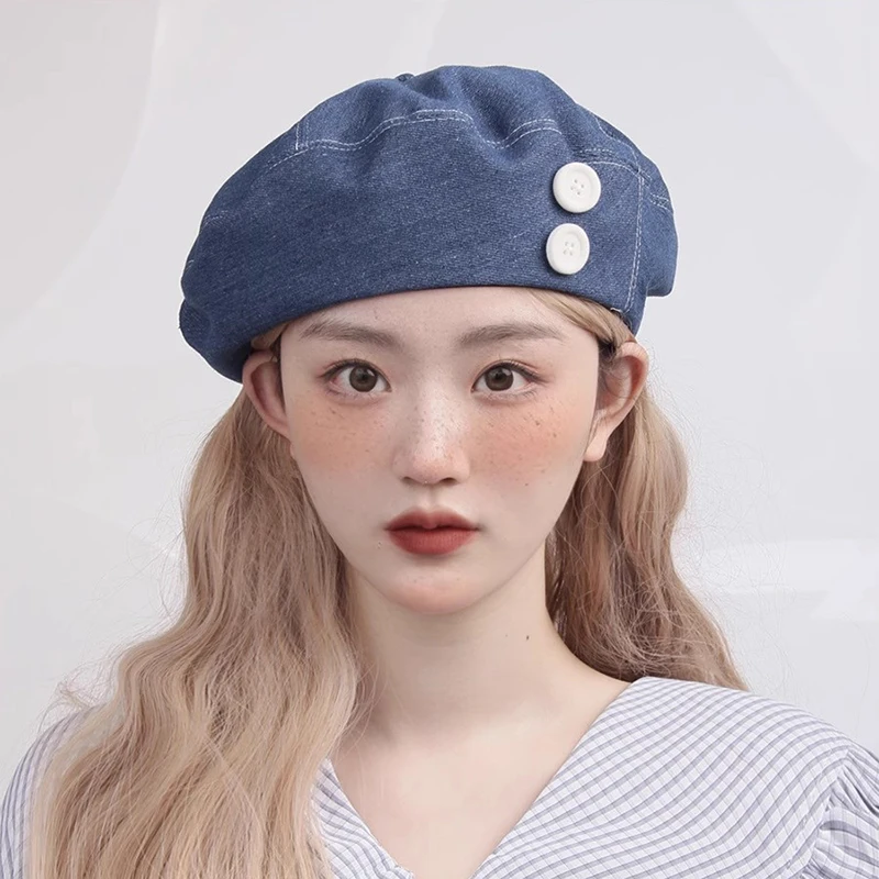 

Japanese Denim Berets 2023 Spring and Summer Korean Version Academy Style Versatile Show Face Small Beret Painter Hats for Woman
