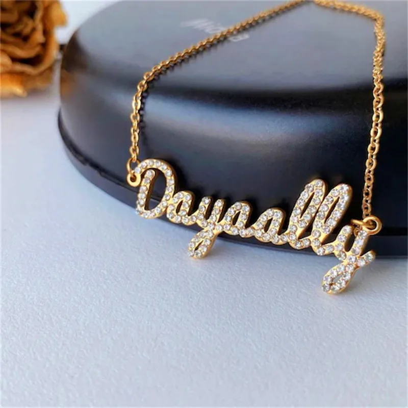 New Stainless Steel Customized Name Zircon Necklace Personalized Crystal Name Necklaces Pendant Chain for Women Valentine's Day