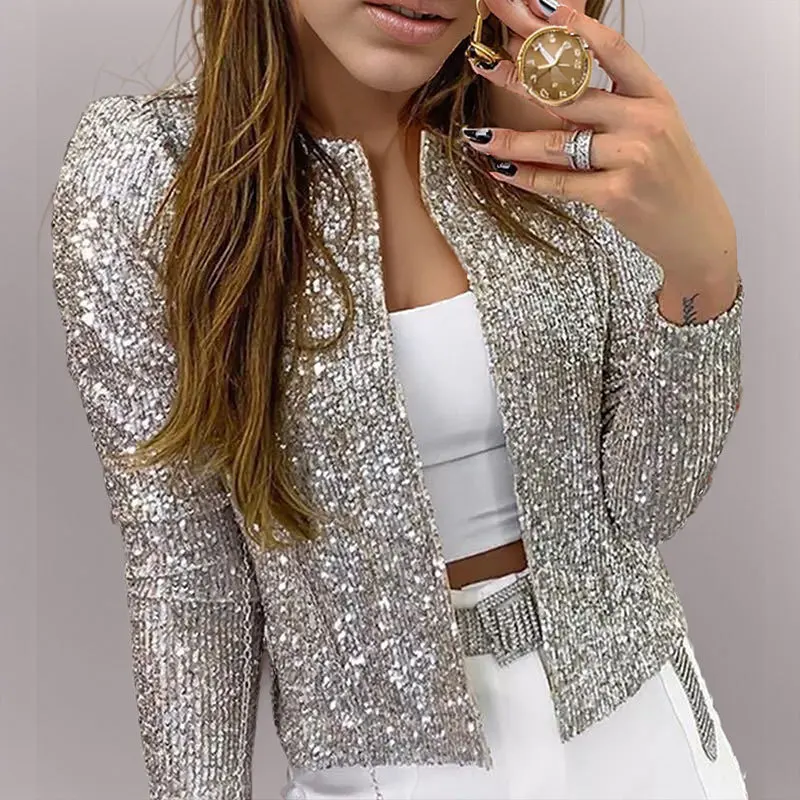 Женская Блестящая куртка с длинным рукавом и круглым вырезом