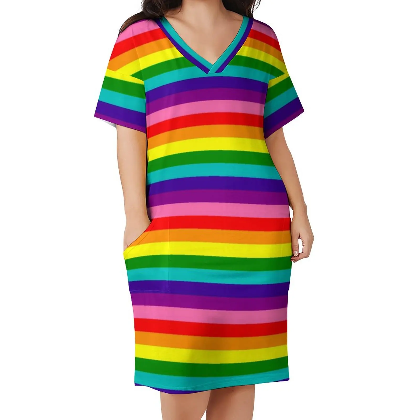 Rainbow Pride Flag Dress V Neck LGBT Colorful Stripes Elegant Dresses Woman Korean Fashion Print Casual Dress Plus Size 4XL 5XL