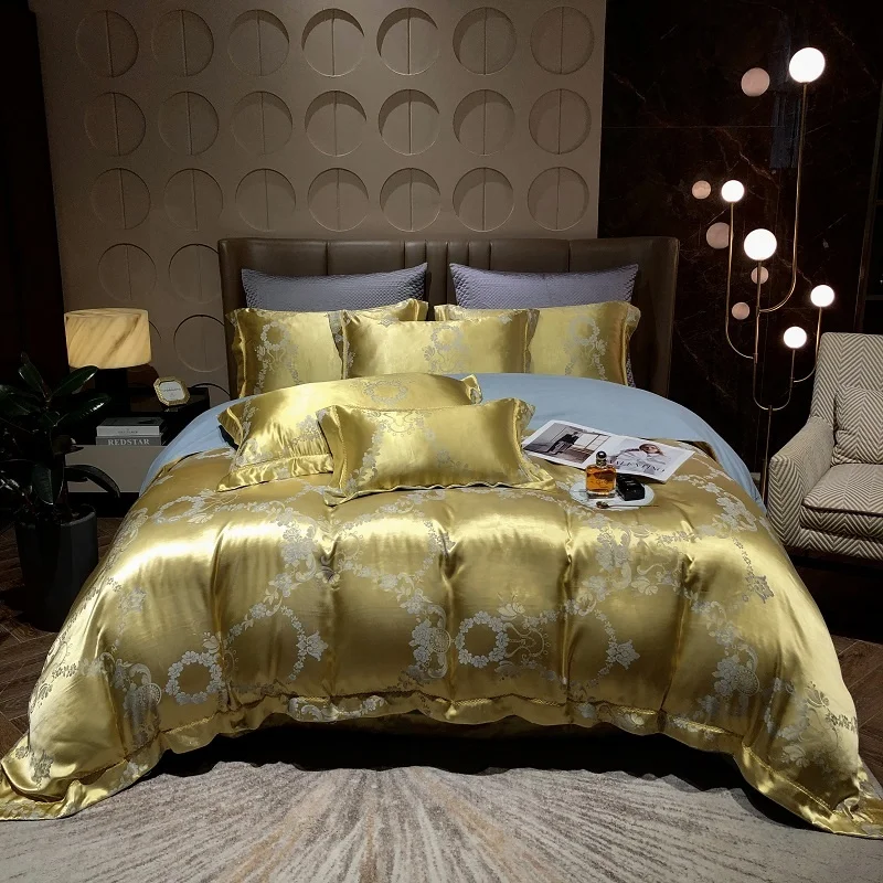 

Luxury European Style Gold Satin Silky Jacquard And Cotton Bedding Brushed Quilt Cover Set Bed Linen Bedspread Pillow Shams