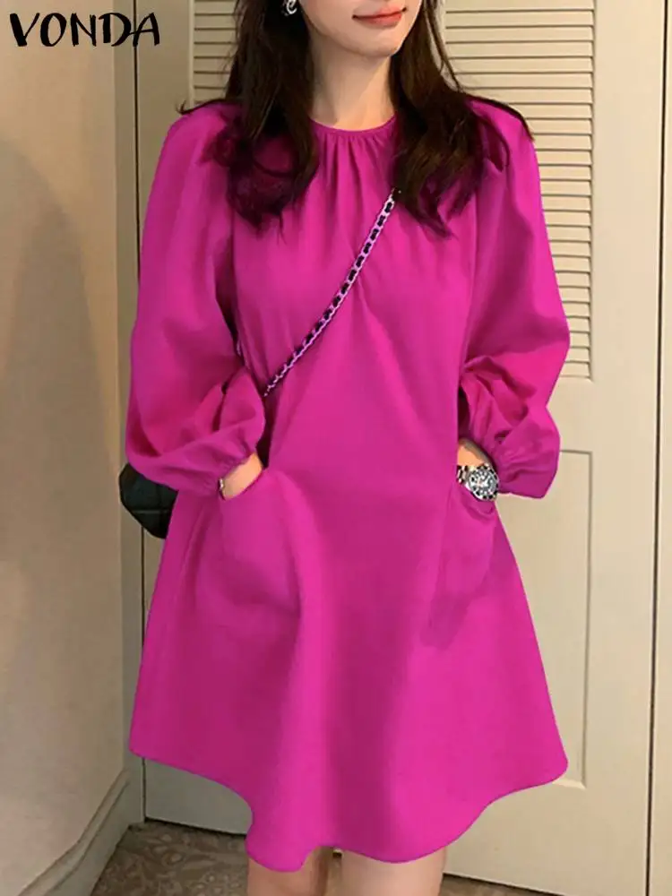 

2023 VONDA Элегантное летнее вечернее платье, женское модное платье с длинным пышным рукавом, женское повседневное свободное праздничное Плиссированное Короткое мини-платье