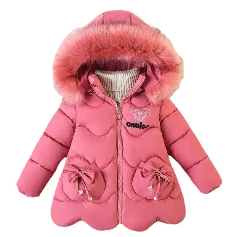 

Winter Girls Toddler Hooded Down Jacket Kids Thick Butterfly Embroidery Bow Fur Collar Windbreaker Outdoor Sport Casual Clothes