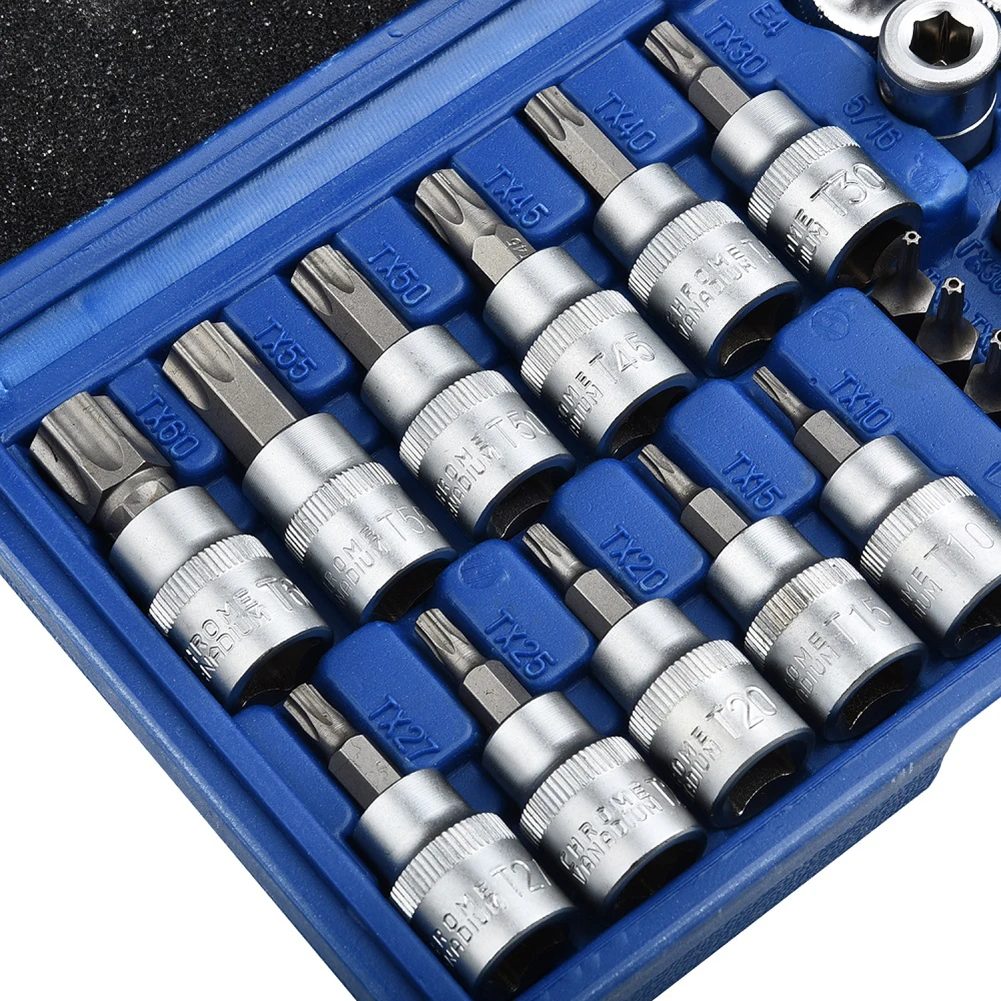 

34pcs/set Torx Star Socket Bit Coupler 3/8'' 1/4'' 5/16'' T10 15 20 25 27 30 40 45 50 55 60 Male Female Bits Drive Power Tool