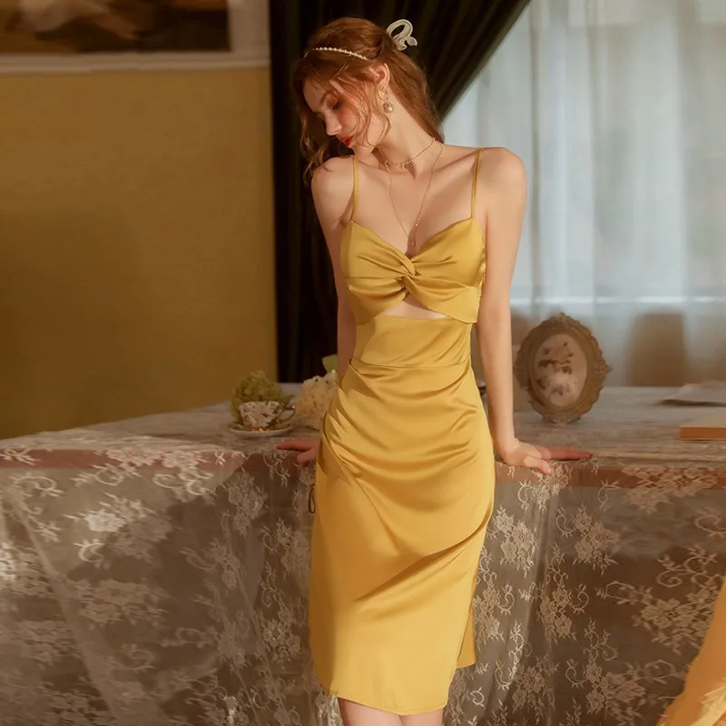 

Tempt Hollow Out Sling Nightgown Slim Splite Nightdress Female Backless Seduction Home Dress Solid Intimate Lingerie Sleepwear