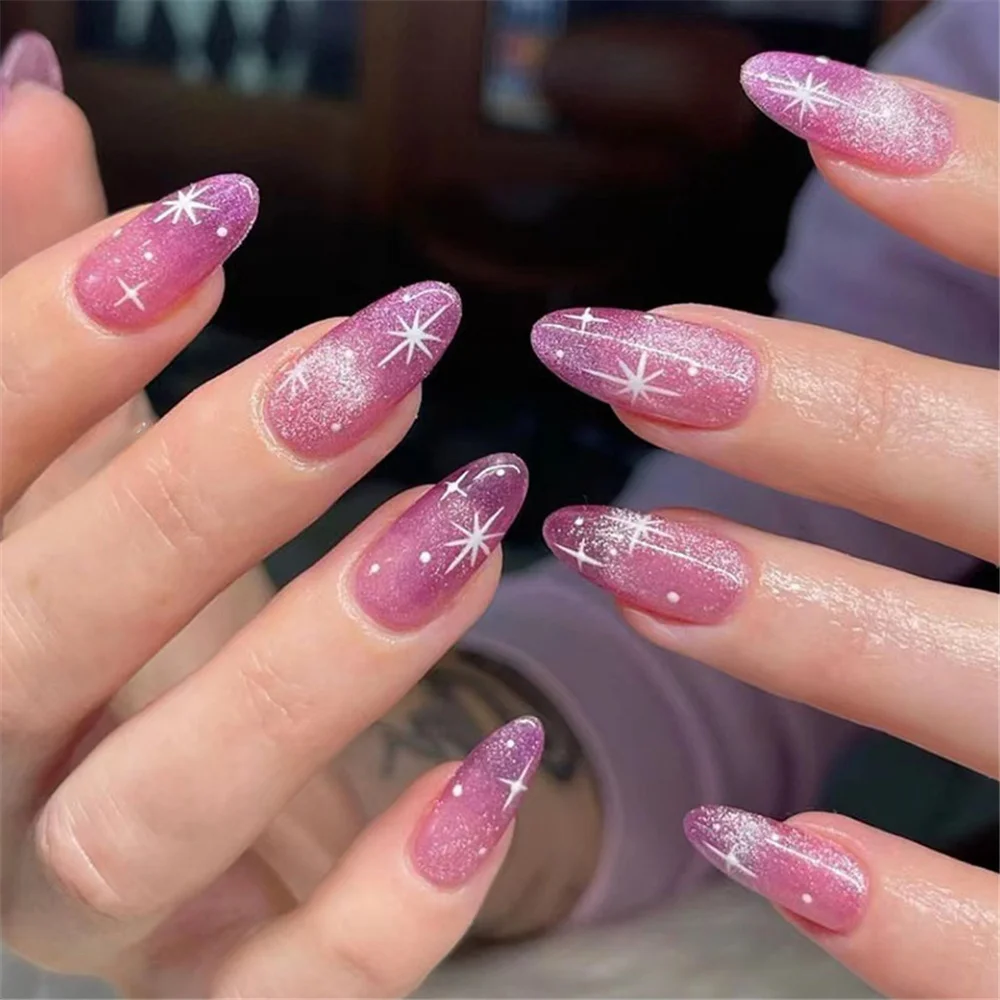 

Накладные ногти с изображением французского миндаля, Набор накладных ногтей с изображением белой звезды, накладные ногти, Модный Фиолетовый съемный носимый маникюр
