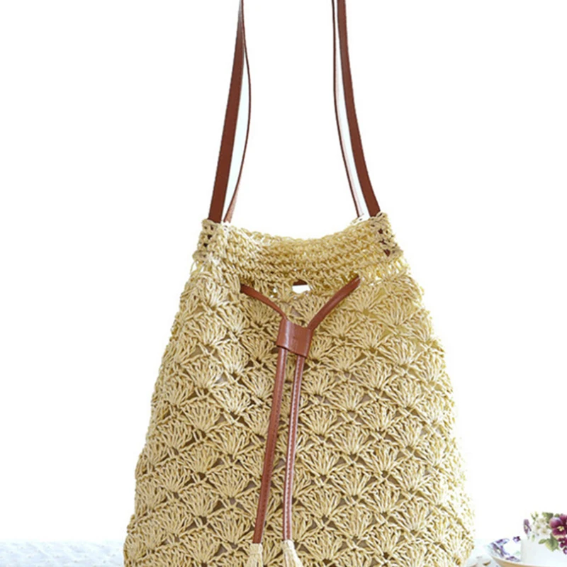 Соломенная Сумка-ведро ручной работы с кисточками маленькая плетеная Сумка
