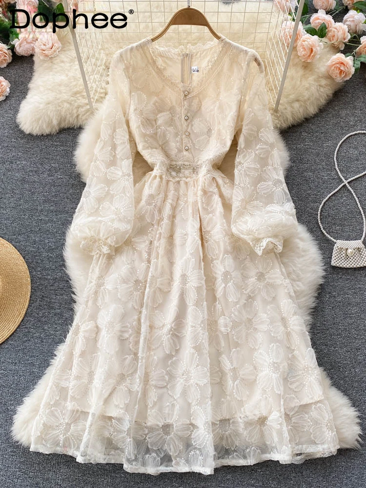 

2022 new autumn fashion women long sleeves lace spliced embroidery high waist zippers sweet dress female vestido