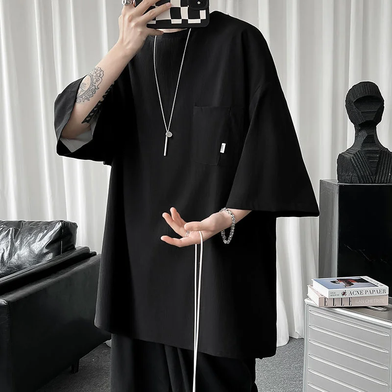 

Однотонная Черная Мужская футболка HybSkr в стиле Харадзюку, футболки с маленьким карманом и коротким рукавом, повседневная мужская уличная о...