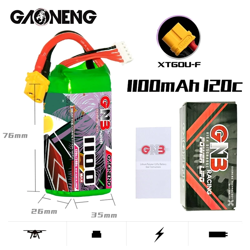 

2/4PCS GAONENG GNB LiPo Battery 4S1P 14.8V 1100MAH 120C/240C XT60U-F Plug For RC Light Weight New Model High C Rate FPV Drone