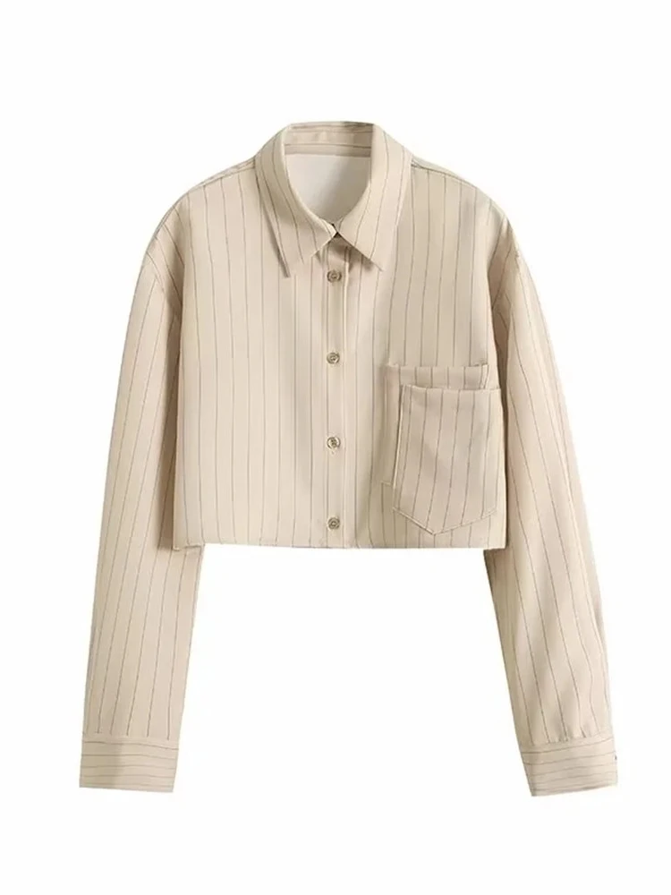 

Женская короткая блузка с длинным рукавом, повседневная однобортная рубашка в полоску с высокой талией, весна 2023