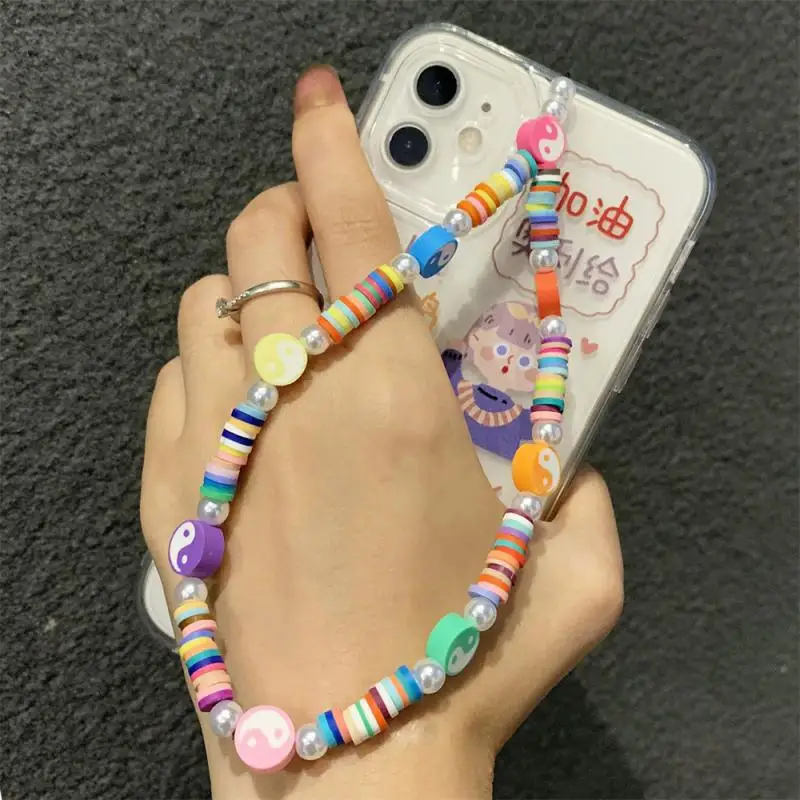 

Mobile Phone Chain Bohemian Rainbow Color Soft Pottery Imitation Pearl Anti Lost Wrist Lanyard Personality Cellphone Hanging