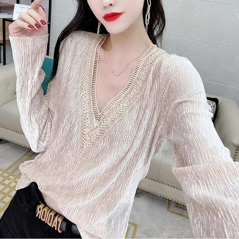 

Sexy V Neck Hollow Out Diamonds Elegant Fashion Party Club Basic Tee T Shirt Women Casual Solid Long Sleeve Ladies Tops Clothing