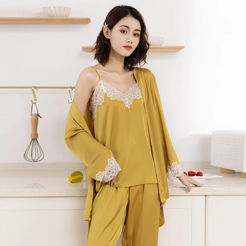 Leopard Print Satin Ice Silk Pajamas For Women In Spring And Summer Thin Suspenders Outerwear Pants Three Piece Home Outfit