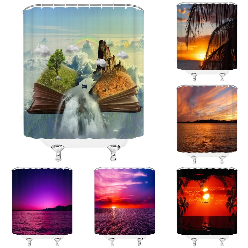

Fantasy Magic Book Scenery Shower Curtains Bathroom Decor Tropical Ocean Palm Trees Sunrise Sunset Fabric Bath Curtain Set Home