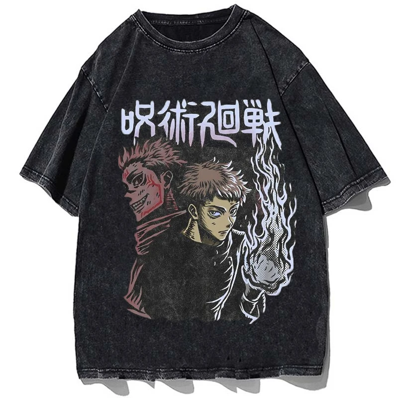 

Anime Jujutsu Kaisen 100% Cotton Acid Washed T Shirt Trend Short Sleeves Streetwear Tops Vintage Manga Graphic Fashion Tees