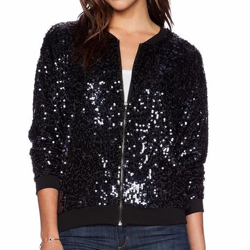 Women Black Sequin Bomber Jacket Loose Stand Collar 2023 Spring Autumn Ladies Casual Velour Coat Zip Up Baseball Jacket