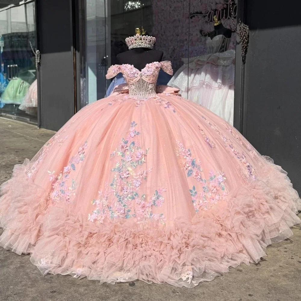 Фото Румяно-розовые платья Quinceanera, бальное платье с открытыми плечами, расшитое бисером и цветочным принтом, Sweet 16, 15 лет, по индивидуальному заказу №1