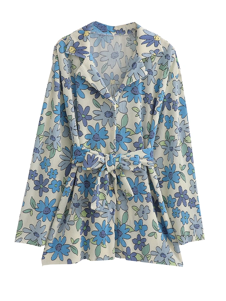 

Women Long Sleeve Loose Floral Print Shirts Spring Autumn Turn-down Collar Single Breasted Blouses With Sashes 2022 Tops
