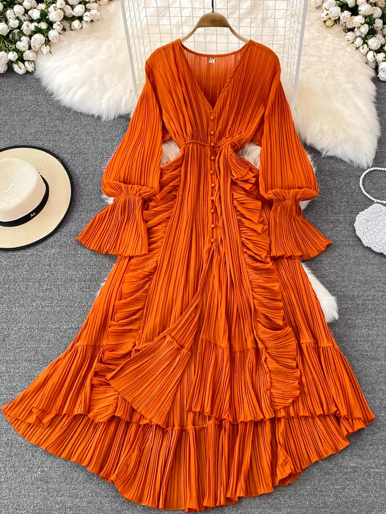 

FMFSSOM Holiday Style Ankle Length Long Dresses Women 2022 Spring New V Neck Puff Sleeve Lace Elegant Evening Party Summer Dress