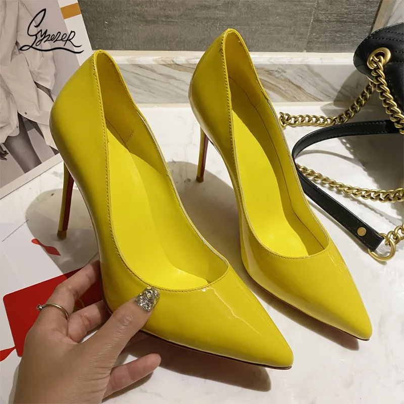 

Yuerui Casual Belted Single Shoes Patent Leather Classic Pointed Toe Thin Metal Heels Pumps 6.5-12CM Big Size 34-43S Shoes