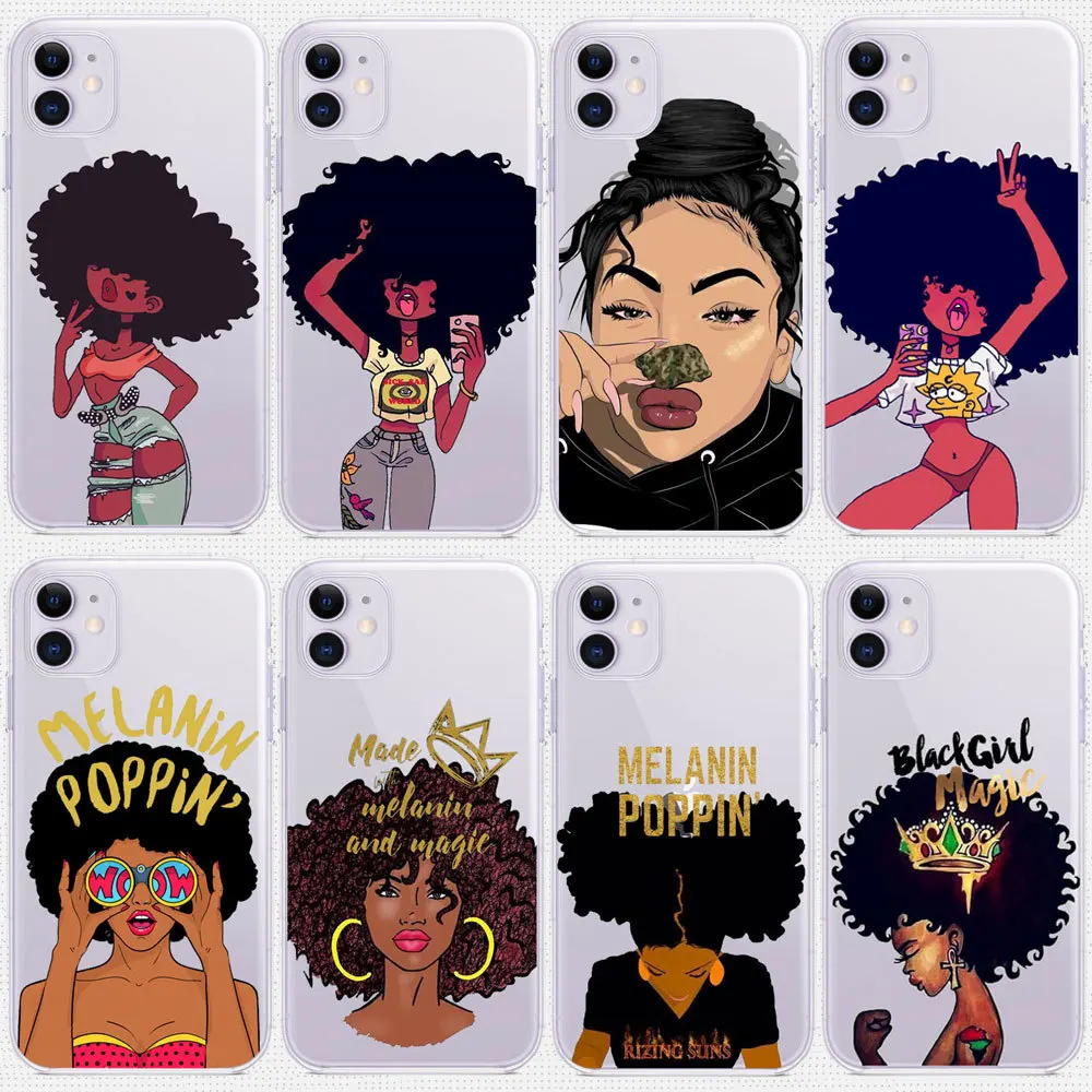 

PUNQZY Melanin Poppin African Black Girl Clear Phone Case For iPhone 13 12 11 Pro MAX XR XS 5 X 5S 6 8 7S Plus Soft TPU Cover