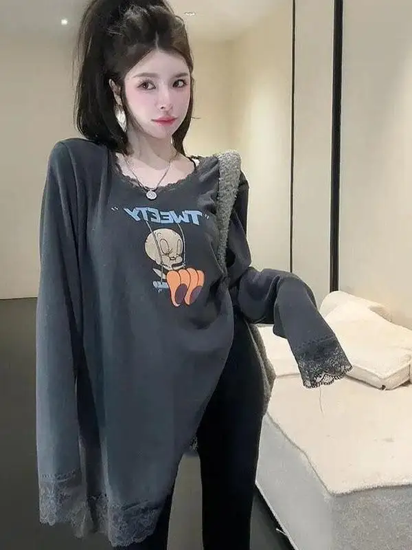 Korean Sle Brushed Lazy Loose Patchwork Lace T-shirt Women Autumn and Winter New Cartoon Print Long sleeve Bottoming Shirt Top