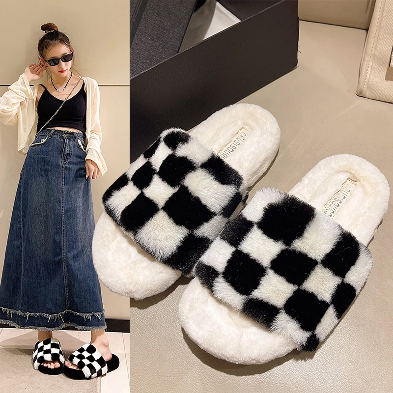 

Flat Shoes Female Med Woman's Slippers Slides Fashion Fur Flip Flops 2023 Luxury Plush Rubber Basic Fabric Rome PU Autumn