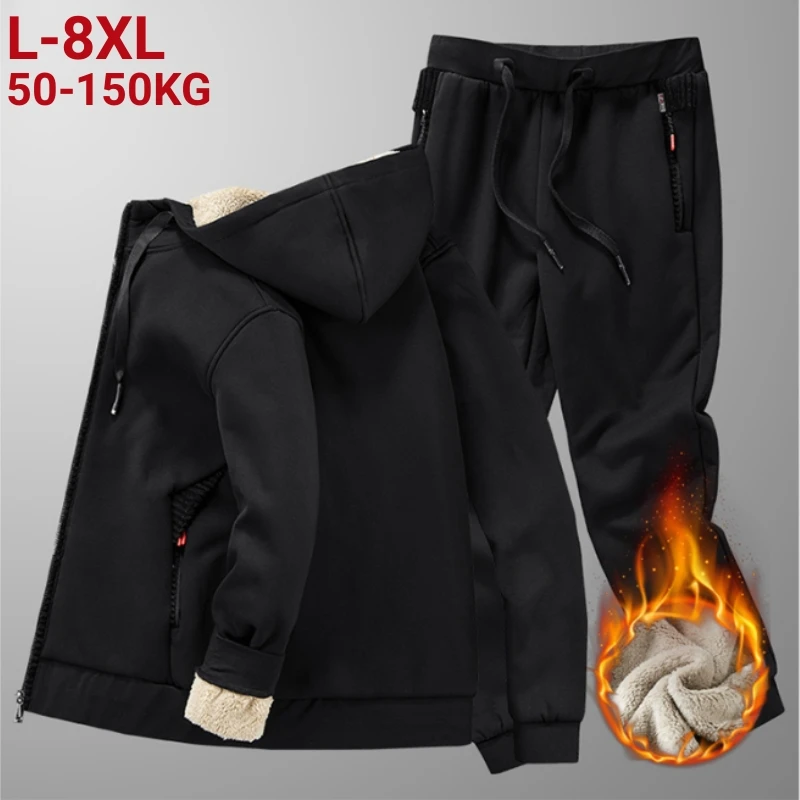 Big Size 8xl Winter Tracksuit Men Thick Warm Lamb Woolen Fleece Hooded 2 Piece Set Jacket Pants Sportswear Casual Sweat Suits