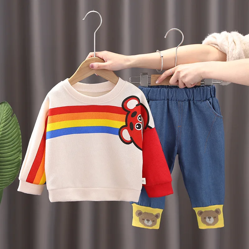 

Спортивный костюм для новорожденных девочек, кофта с мультяшным рисунком и джинсовые штаны, комплект из 2 предметов, весна-осень 2022