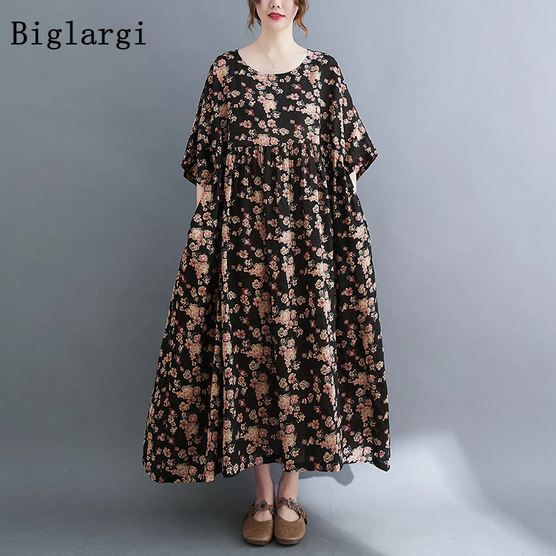 

Oversized Floral Summer Beach Dress for Women Loose Long Casual Ladies Dresses Big Size Korean Cotton Flower Vintage Dress 2022
