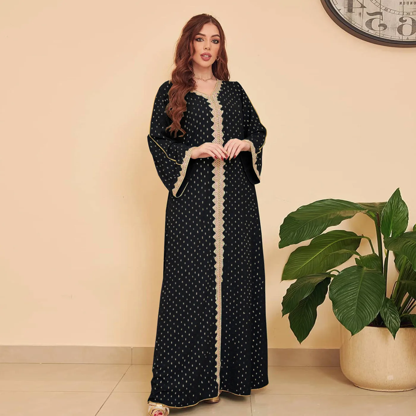 Abaya Women 2023 Summer New Bronzing Muslim Dubai Robe Elegant V Neck Maxi Long Dress Prom Arab Islamic Moroccan Kaftan Eid