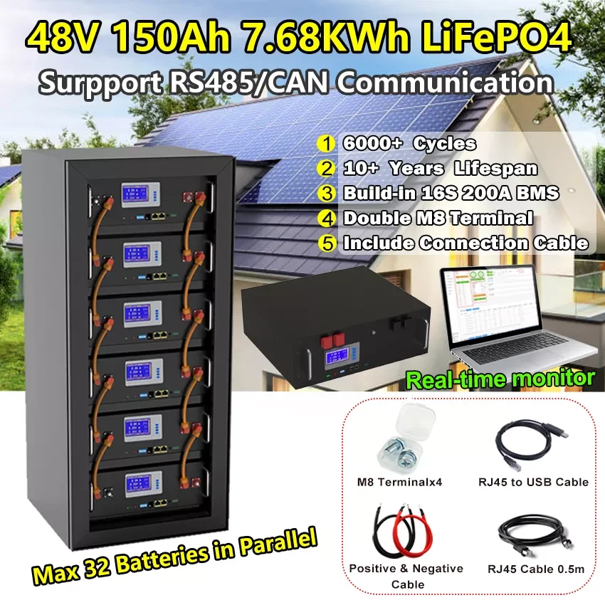 

48V LiFePO4 Battery Pack 200Ah 150Ah 100Ah 51.2V Built-in 16S 200A BMS RS485 CAN Communication 10 Years Lifespan