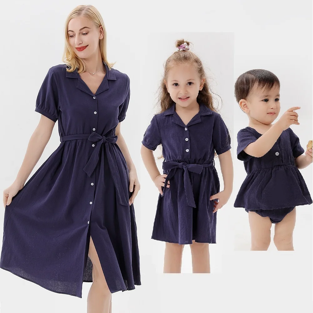 

Button Closure Mother Daughter Dresses Summer Family Matching Outfits Mommy and Me Clothes Fashion Women Girls Baby Cotton Dress