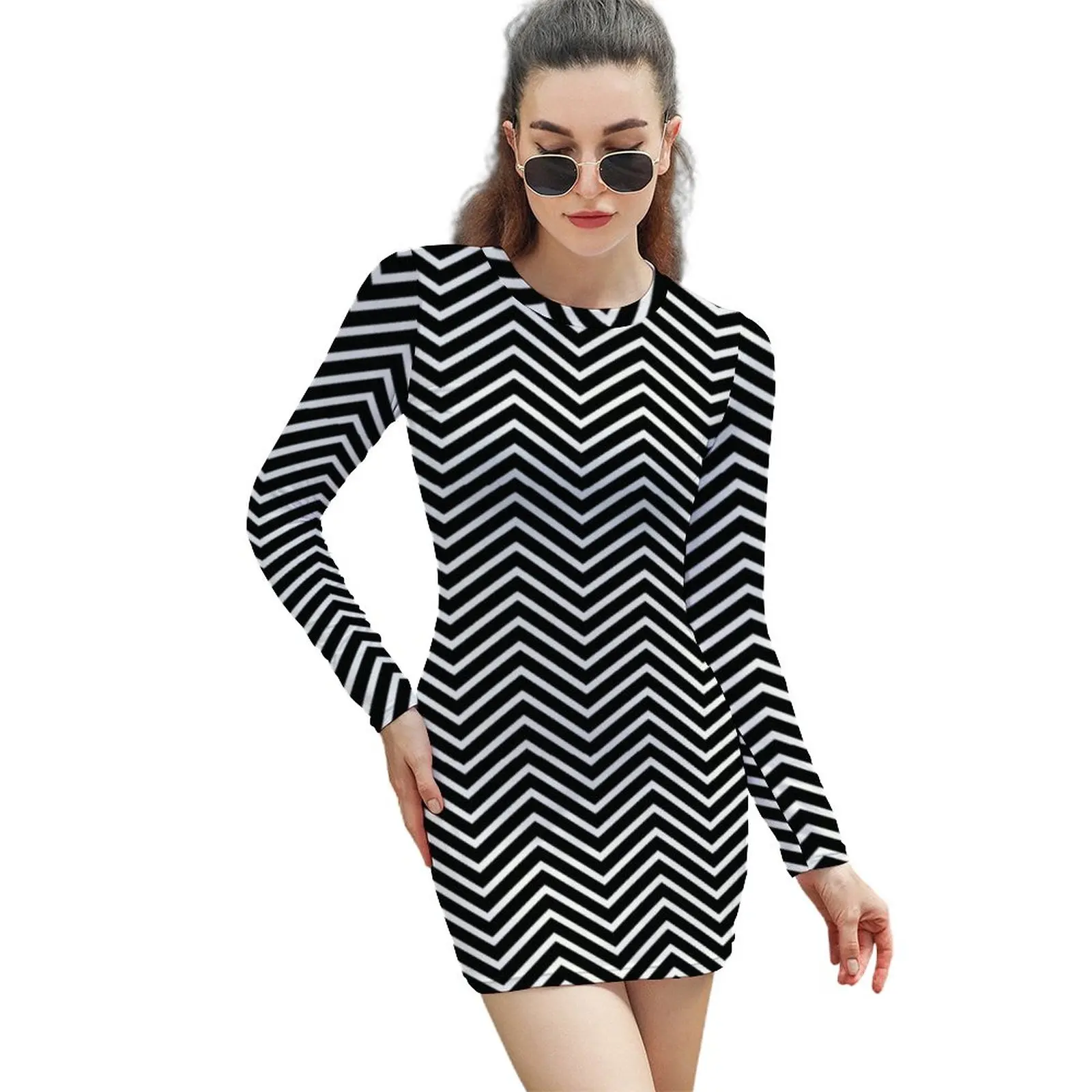 

Geometry Print Dress Long Sleeve Black And White Line Aesthetic Dresses Holiday Elegant Bodycon Dress Female Oversized Vestido