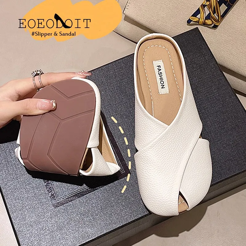 New Leather Slippers Women Spring Summer Mules Shoes Square Toe Flat Sandals Casual Shoes