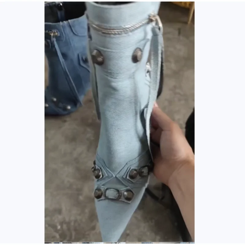 2023 Spring and Autumn Pointed Thin Heel Side Zipper Rivet Buckle Leather Boots Denim and Ankle Fabric Women's High Heel Boots