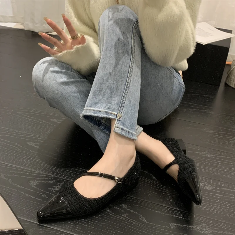

2023 Small Fragrance Color-blocking Square Head Shallow Mouth Mary Jane Shoes Spring New Elegant Fairy Style Single Shoes