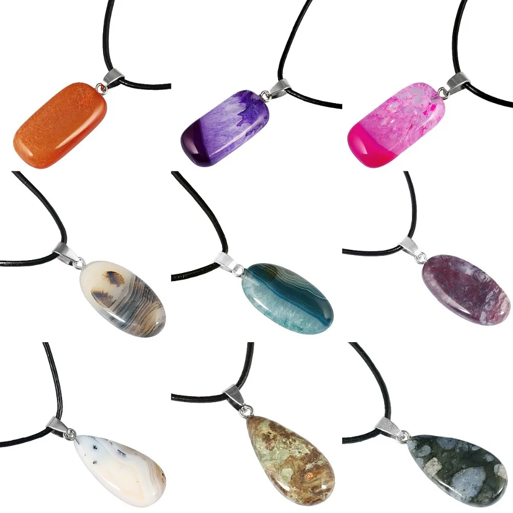 

TUMBEELLUWA Oval Teardrop Oblong Shape Gem Stone Pendant Necklace Reiki Healing Crystal Amulet with Leather Cord Women Jewelry