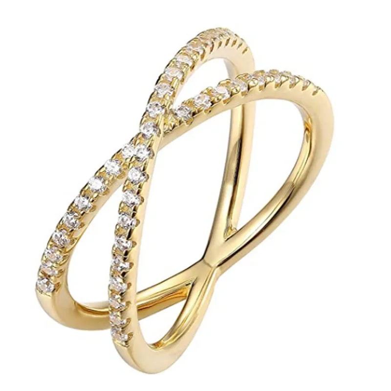 

Hot Sale Gold Plated Silver Color X Ring Full Paved Cubic Zirconia Criss Cross Ring for Women Female Engagement Ring