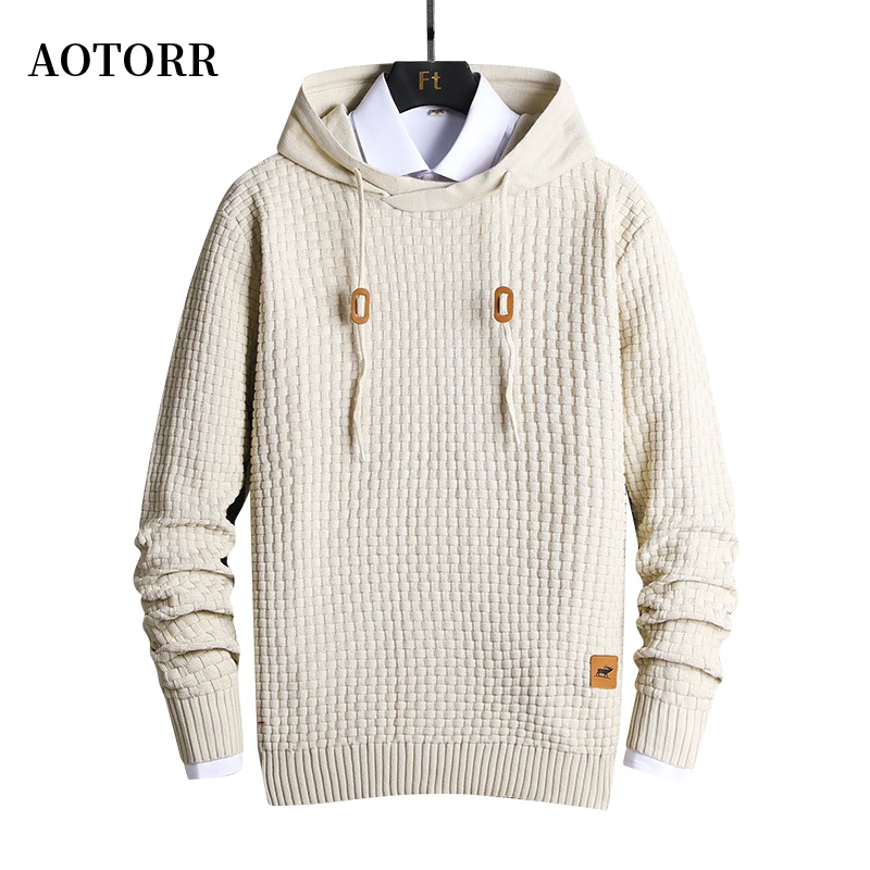 

New Men Warm O-Neck Hooded Sweater Autumn Winter Mens Slim Fit Pullover Fleece Solid Hoodies Male Autumn Winter Knitwear Sweter