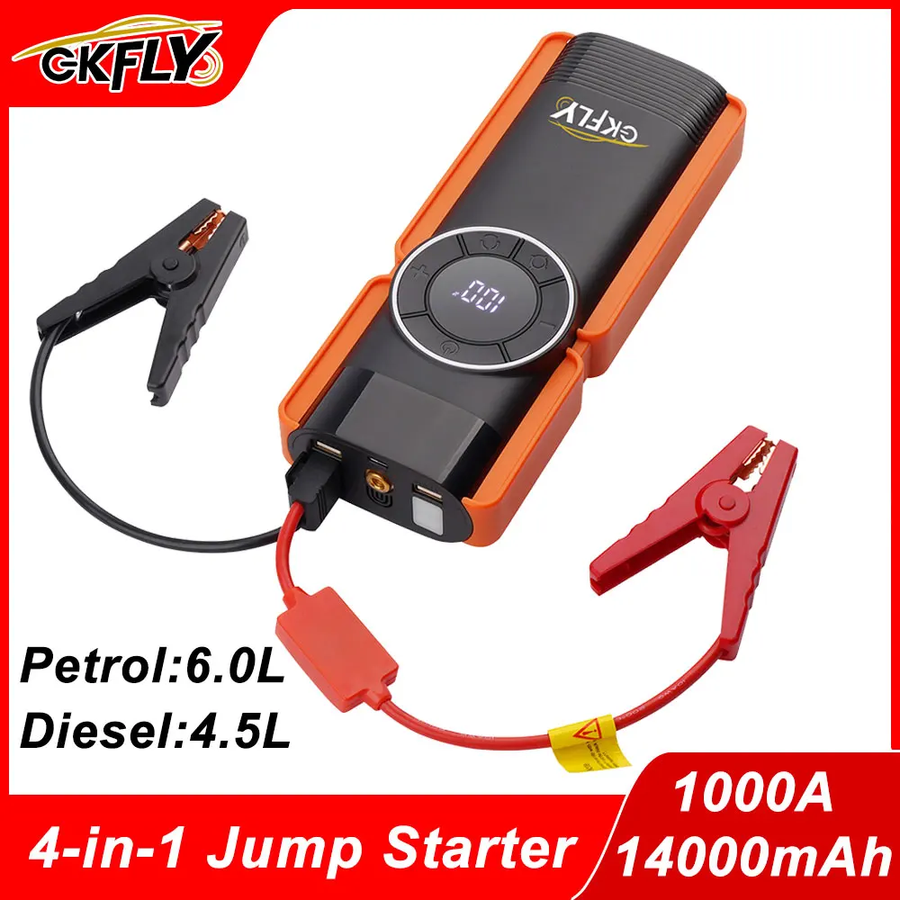 GKFLY 1000A Jump Starter 4 in 1 Air Compressor Power Bank Portable Battery For Car Emergency Booster Starting Device LED Lights