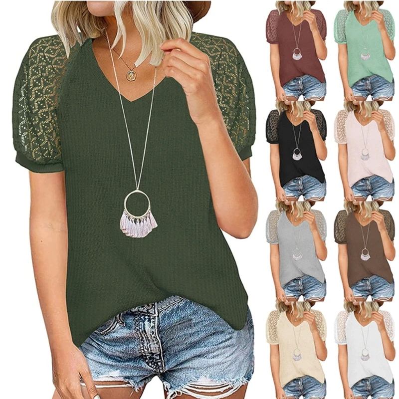 

Женская Повседневная вафельная блузка, кружевной топ с коротким рукавом и V-образным вырезом, Однотонная футболка