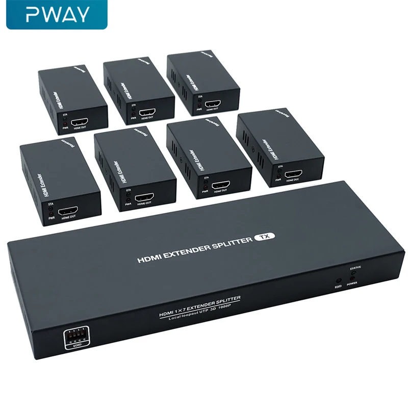 PWAY 50 м HDMI через IP-удлинитель 1X 7 портов по Cat5e/Cat6 Ethernet-кабель без задержки вверх и разрешения до 1080P @ 60 Гц (1 в 7 выход)