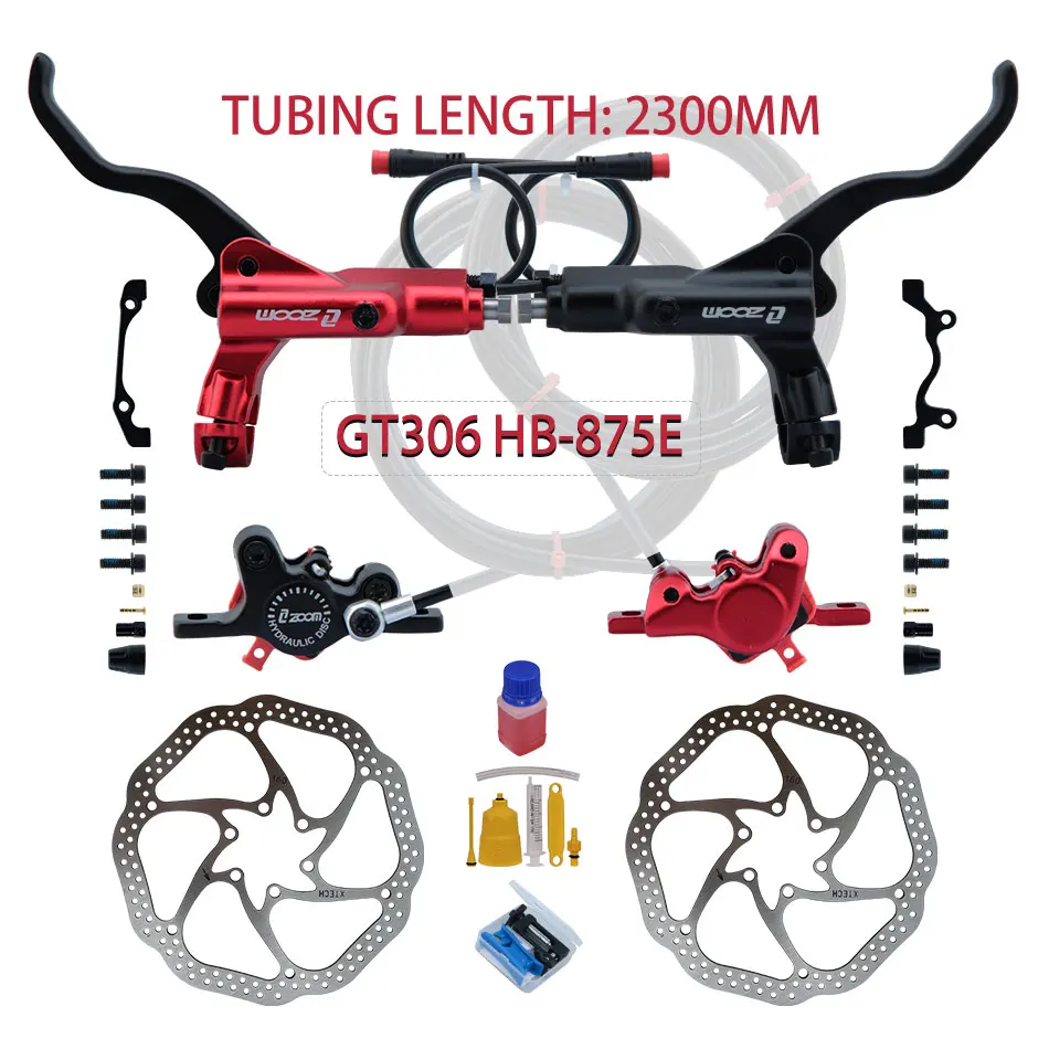 ZOOM HB-875E 2-piston Right Disc Hydraulic Brake Electric Scooter Folding Mountain Bike Bicycle Power Off Black Red Split Tube