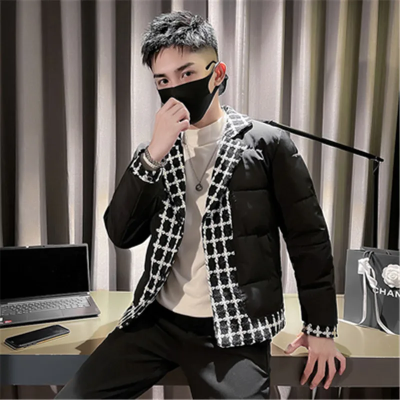 Heated Jacket Winter for Men Overcoat Patchwork Plaid Designer Long Sleeve Lapel Collar Casual Korean Style Parkas Man Clothing