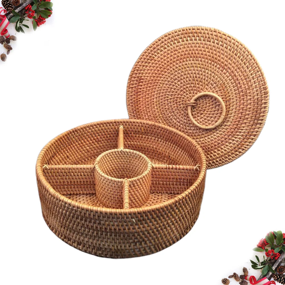 Woven Fruit Basket Rattan Snack Tray Round Picnic Organizer Serving Bin with Lid Wicker Storage Bowl Bread Holder Container