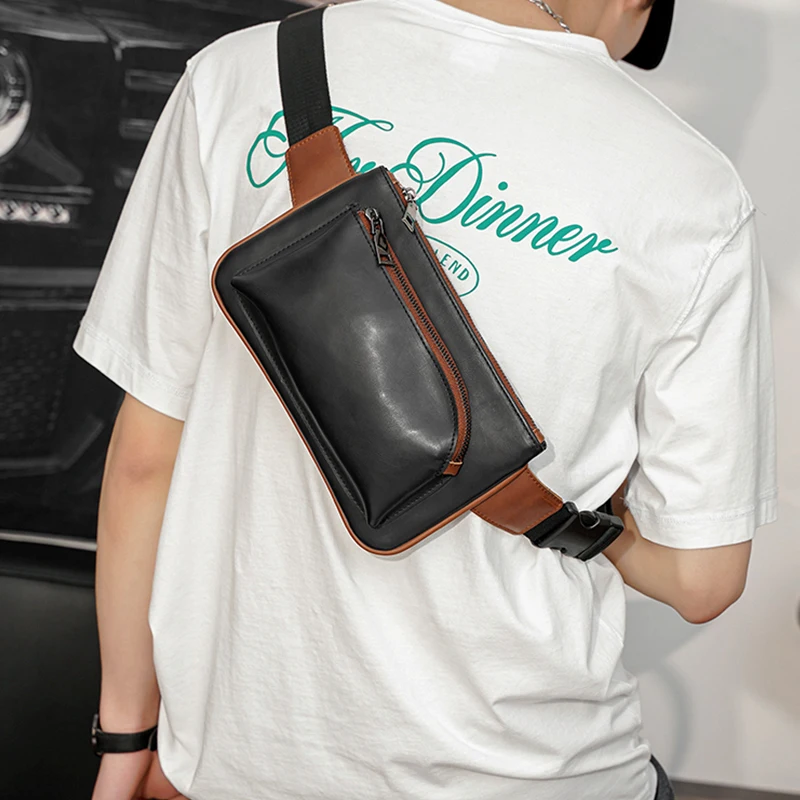 Male Mini Phone Backpack Leather Motorcyclists Chest Purse Waterproof Sports Cycling Fanny Pack Small Crossbody Bag for Men