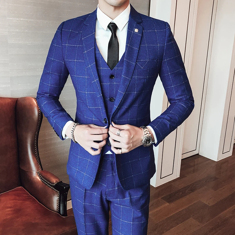 

High Quality 5XL (suit+Vest+Pants) Men's Elegant Fashion Business Plaid Comfortable Casual Dress Gentleman Suit 3 Piece Set